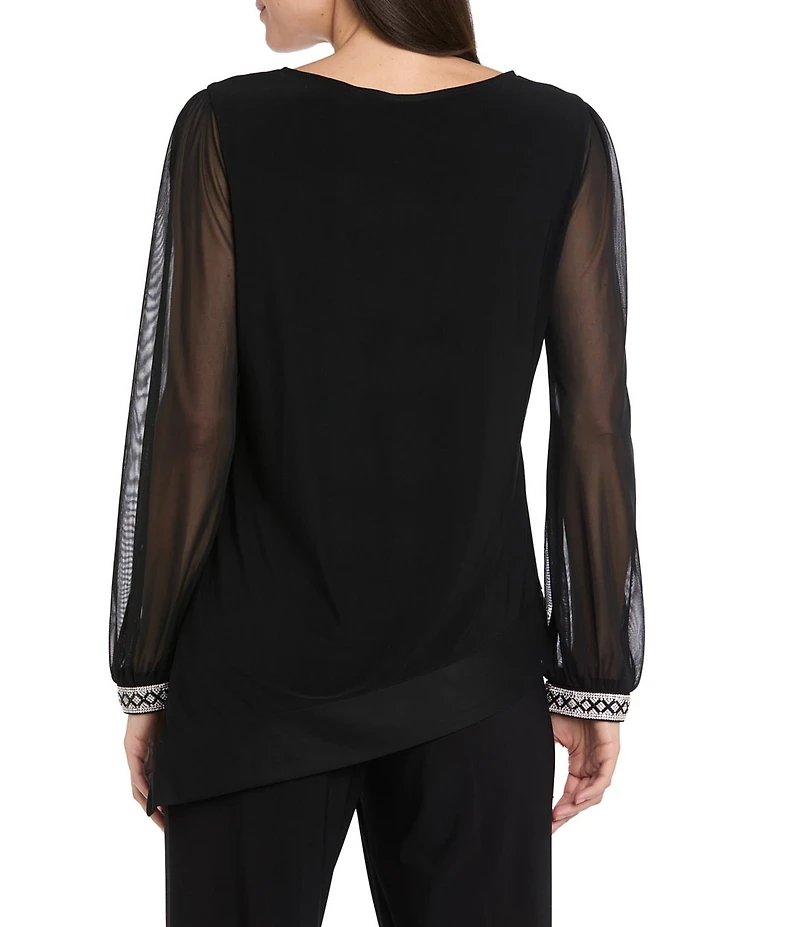 R & M Richards Matte Jersey Round Neck Chiffon Long Sleeve Rhinestone Cuff Asymmetrical Hem Blouse
