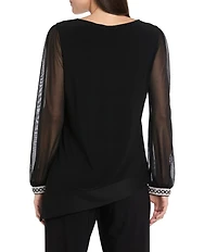 R & M Richards Matte Jersey Round Neck Chiffon Long Sleeve Rhinestone Cuff Asymmetrical Hem Blouse