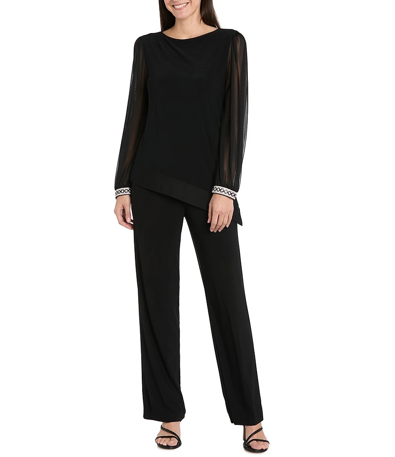 R & M Richards Matte Jersey Round Neck Chiffon Long Sleeve Rhinestone Cuff Asymmetrical Hem Blouse