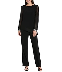 R & M Richards Matte Jersey Round Neck Chiffon Long Sleeve Rhinestone Cuff Asymmetrical Hem Blouse