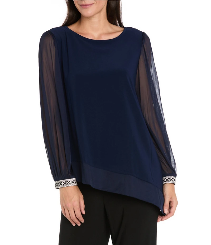 R & M Richards Matte Jersey Round Neck Chiffon Long Sleeve Rhinestone Cuff Asymmetrical Hem Blouse