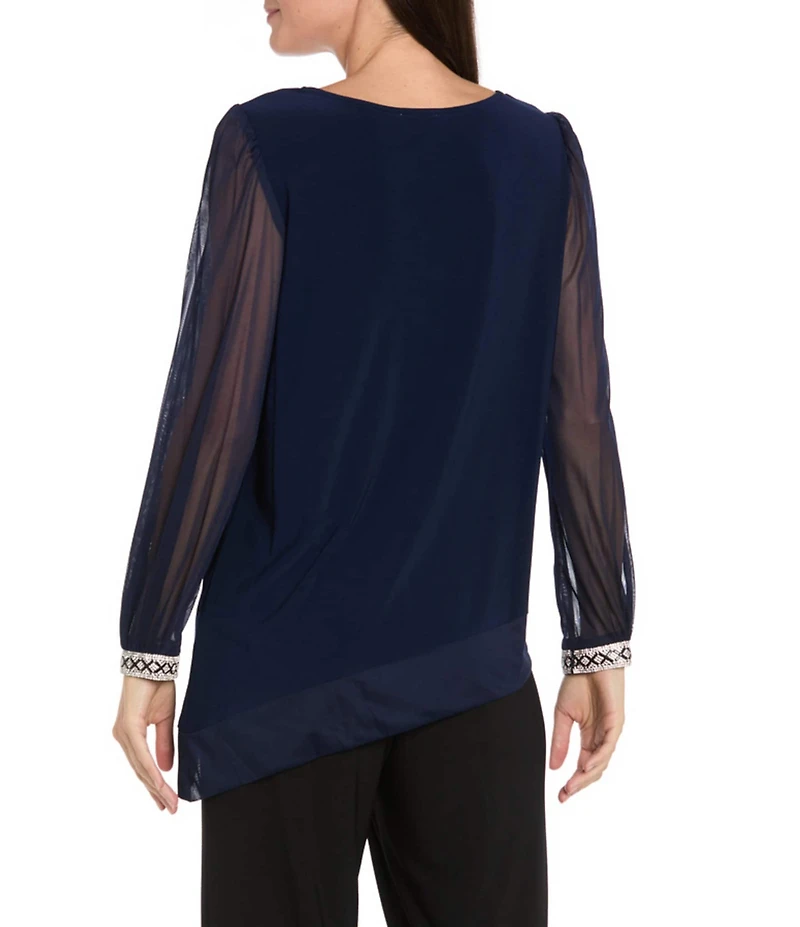 R & M Richards Matte Jersey Round Neck Chiffon Long Sleeve Rhinestone Cuff Asymmetrical Hem Blouse