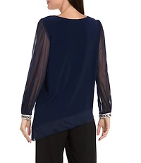 R & M Richards Matte Jersey Round Neck Chiffon Long Sleeve Rhinestone Cuff Asymmetrical Hem Blouse
