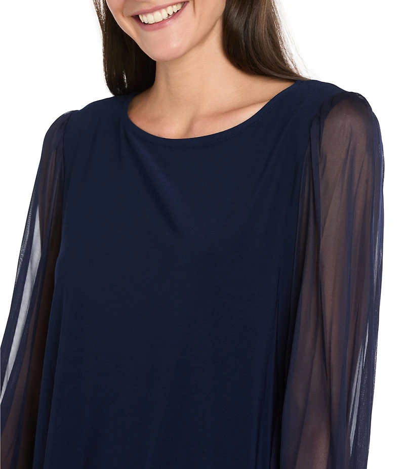 R & M Richards Matte Jersey Round Neck Chiffon Long Sleeve Rhinestone Cuff Asymmetrical Hem Blouse
