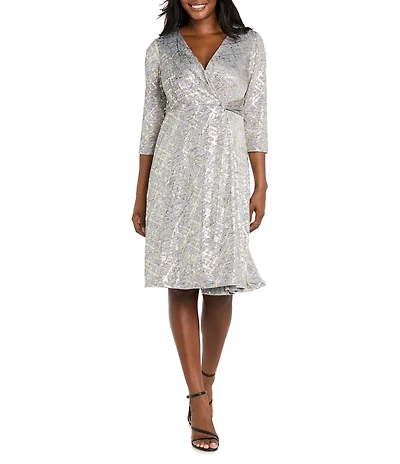 R & M Richards Melange Stretch Knit Gold Foil 3/4 Sleeve Faux Wrap Dress
