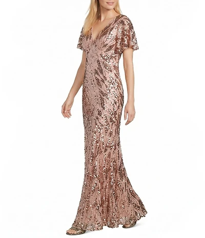 R & M Richards Mesh Flutter Sleeve Flounce Hem Deco Sequin Gown