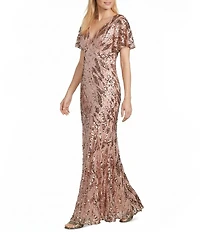 R & M Richards Mesh Flutter Sleeve Flounce Hem Deco Sequin Gown