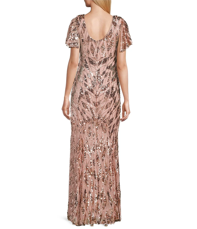 R & M Richards Mesh Flutter Sleeve Flounce Hem Deco Sequin Gown