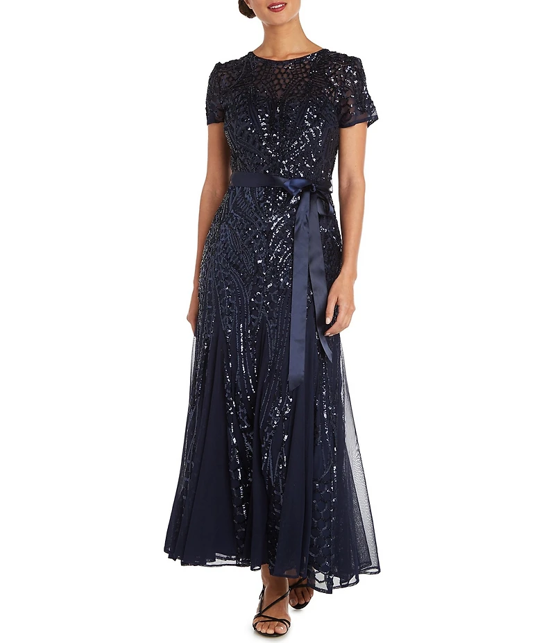R & M Richards Mesh Sleeveless Embroidered Sequin Godet Belted Long Dress