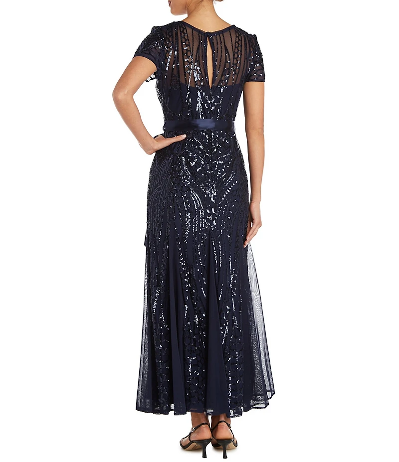 R & M Richards Mesh Sleeveless Embroidered Sequin Godet Belted Long Dress
