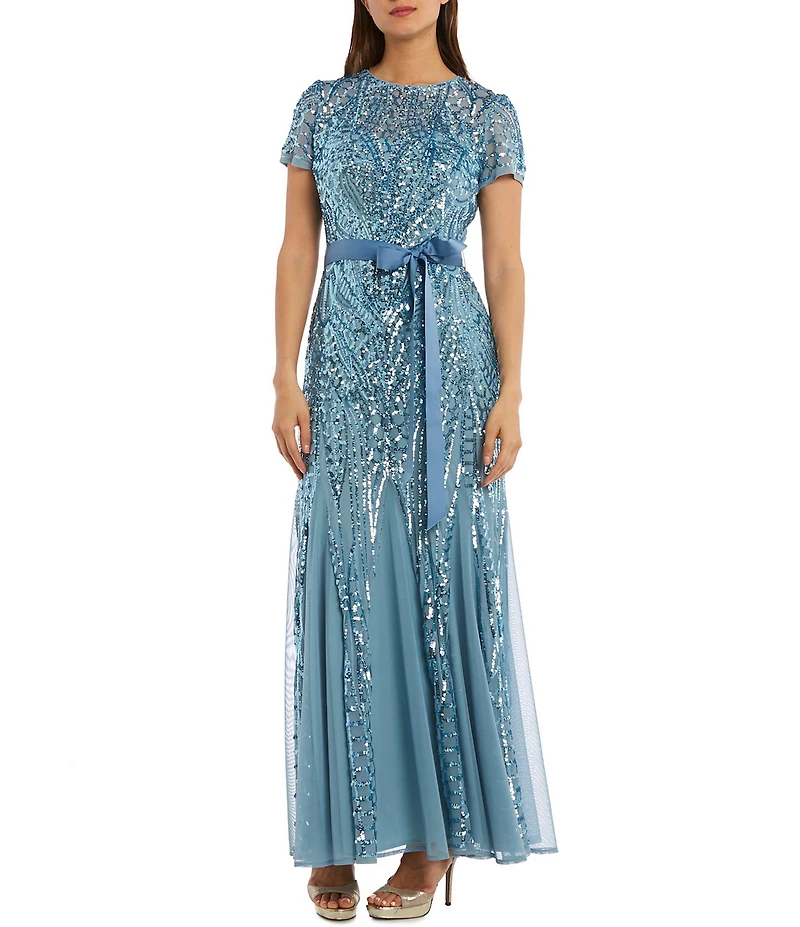 R & M Richards Mesh Sleeveless Embroidered Sequin Godet Belted Long Dress