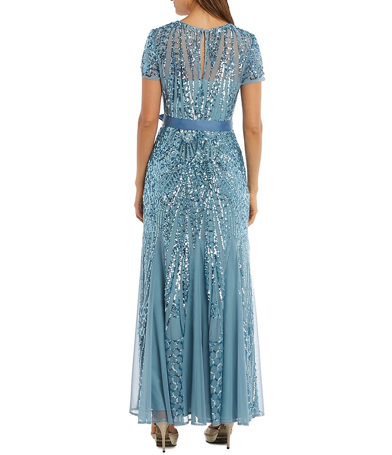 R & M Richards Mesh Sleeveless Embroidered Sequin Godet Belted Long Dress