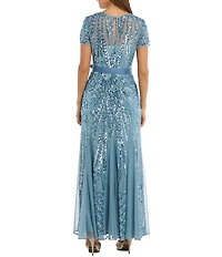 R & M Richards Mesh Sleeveless Embroidered Sequin Godet Belted Long Dress
