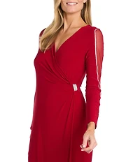 R & M Richards Mesh V-Neck 3/4 Sleeve Wrap Dress