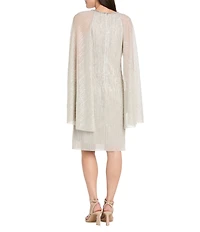 R & M Richards Metallic Festival Crinkle Round Rhinestone Neckline Capelet Sleeve Sheath Dress