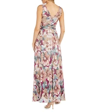 R & M Richards Metallic Floral Foil Print Sleeveless V-Neck Ruched Waist Maxi A-Line Gown