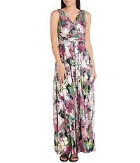 R & M Richards Metallic Foil Print Moonlight Sheer Knit Sleeveless Long Dress