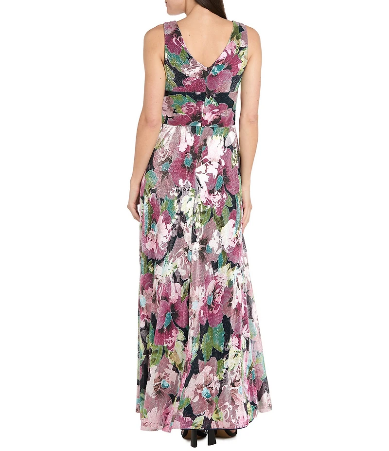 R & M Richards Metallic Foil Print Moonlight Sheer Knit Sleeveless Long Dress