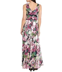 R & M Richards Metallic Foil Print Moonlight Sheer Knit Sleeveless Long Dress