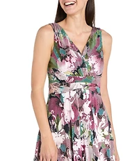 R & M Richards Metallic Foil Print Moonlight Sheer Knit Sleeveless Long Dress