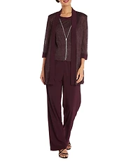 R & M Richards Metallic Knit 3/4 Sleeve Open Front 3 Piece Jacket Pant Set