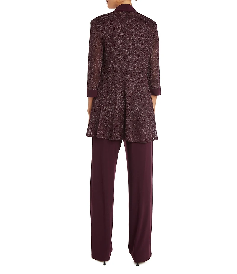 R & M Richards Metallic Knit 3/4 Sleeve Open Front 3 Piece Jacket Pant Set