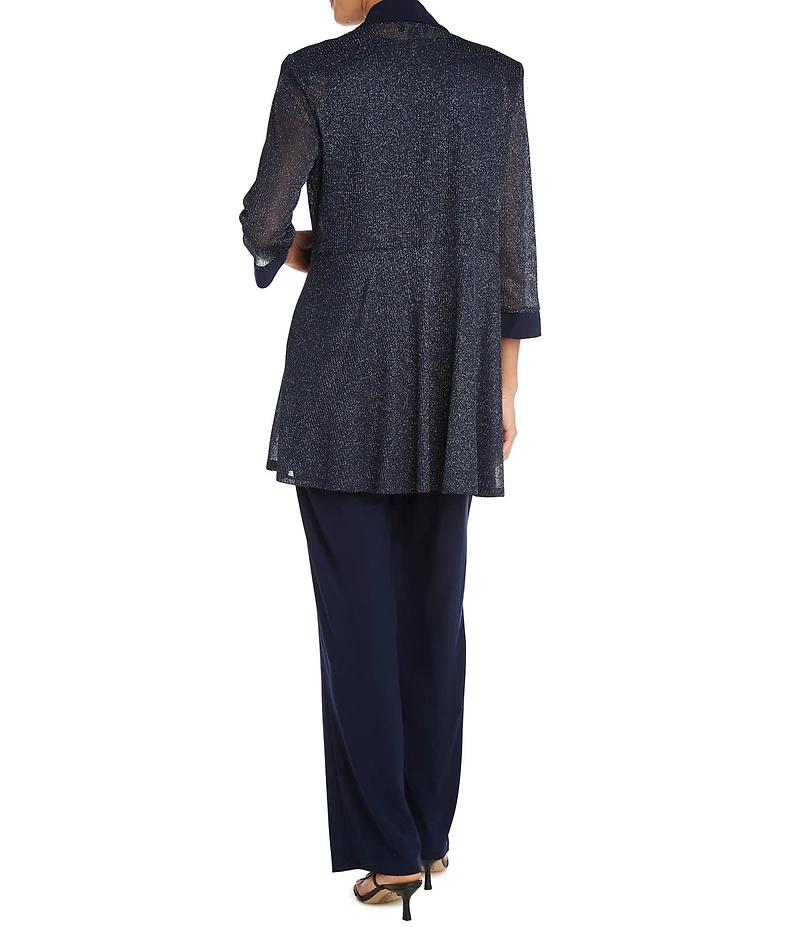 R & M Richards Metallic Knit 3/4 Sleeve Open Front 3 Piece Jacket Pant Set