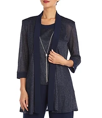 R & M Richards Metallic Knit 3/4 Sleeve Open Front 3 Piece Jacket Pant Set