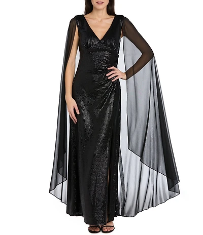 R & M Richards Metallic Knit Chiffon Wrap Dress