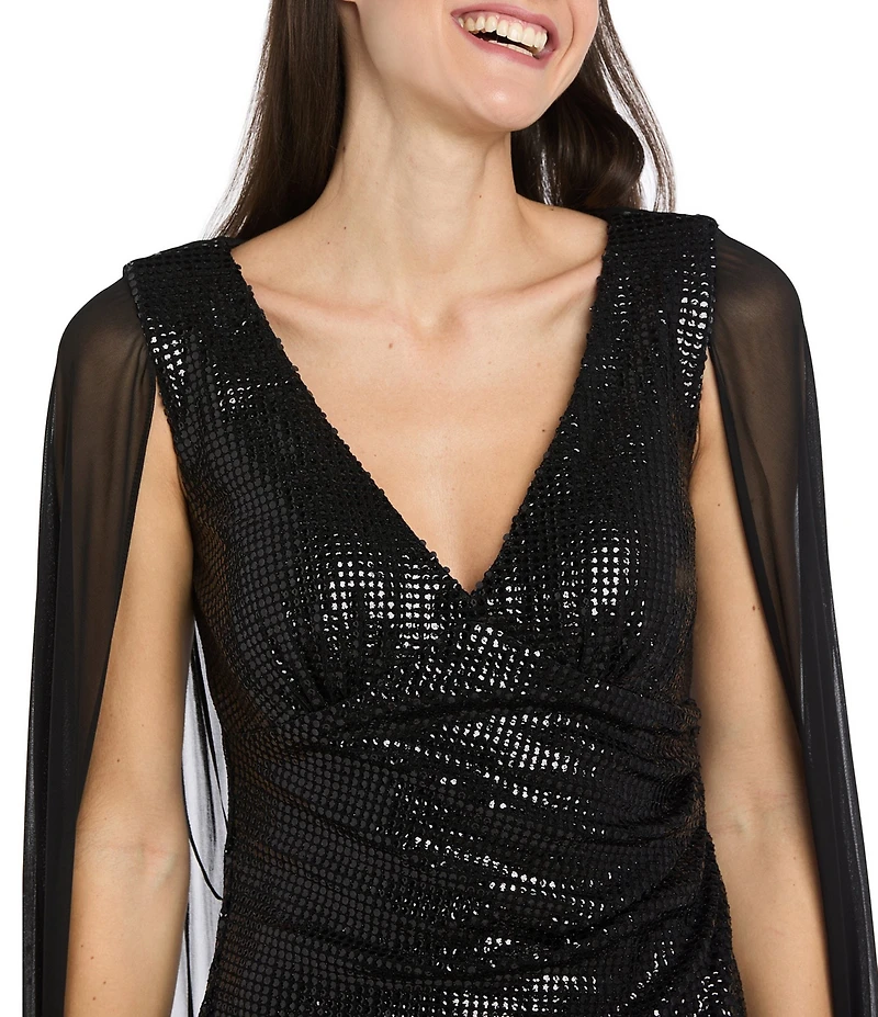 R & M Richards Metallic Knit Chiffon Wrap Dress