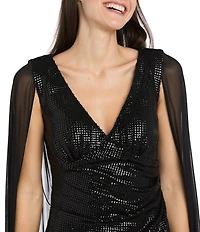 R & M Richards Metallic Knit Chiffon Wrap Dress