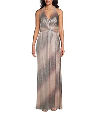 R & M Richards Metallic Ombre Foil Print V-Neck Twisted Ruched Waist Halter Maxi Dress