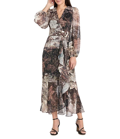 R & M Richards Metallic Stripe Wet Chiffon V-Neck Long Sleeve Ruffle Cascade Front Faux Wrap Dress