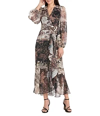 R & M Richards Metallic Stripe Wet Chiffon V-Neck Long Sleeve Ruffle Cascade Front Faux Wrap Dress