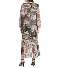R & M Richards Metallic Stripe Wet Chiffon V-Neck Long Sleeve Ruffle Cascade Front Faux Wrap Dress
