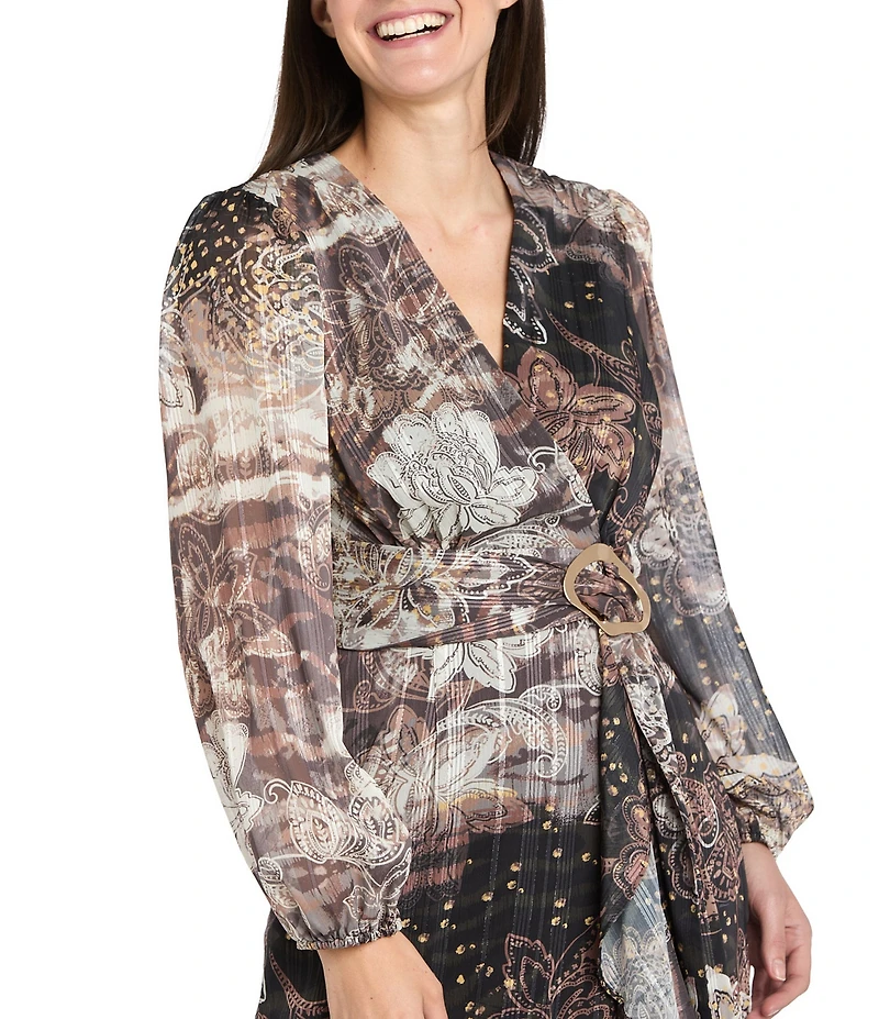 R & M Richards Metallic Stripe Wet Chiffon V-Neck Long Sleeve Ruffle Cascade Front Faux Wrap Dress