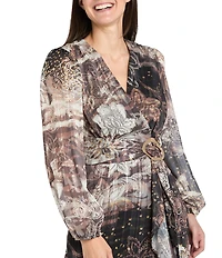 R & M Richards Metallic Stripe Wet Chiffon V-Neck Long Sleeve Ruffle Cascade Front Faux Wrap Dress
