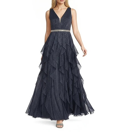 R & M Richards Metallic Tulle V-Neck Sleeveless Corkscrew Skirt Rhinestone Waist Gown
