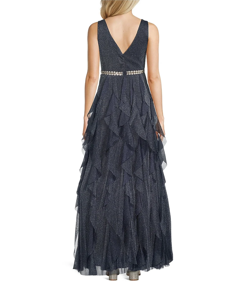 R & M Richards Metallic Tulle V-Neck Sleeveless Corkscrew Skirt Rhinestone Waist Gown