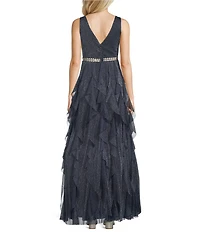 R & M Richards Metallic Tulle V-Neck Sleeveless Corkscrew Skirt Rhinestone Waist Gown