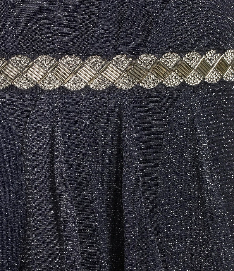 R & M Richards Metallic Tulle V-Neck Sleeveless Corkscrew Skirt Rhinestone Waist Gown