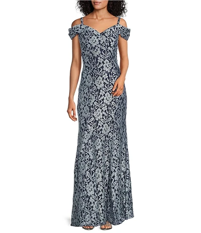 R & M Richards Off-the-Shoulder Glitter Lace Mermaid Gown