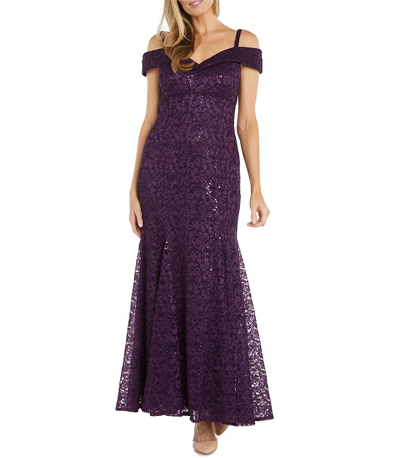 R & M Richards Off-the-Shoulder Cap Sleeve Floral Lace Mermaid Gown