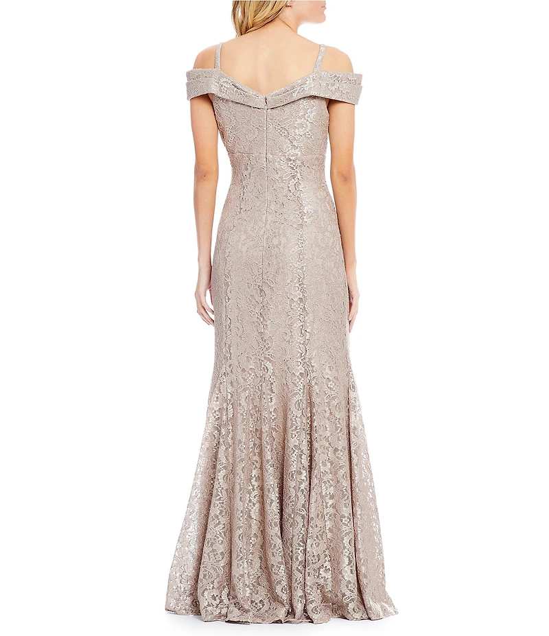 R & M Richards Off-the-Shoulder Cap Sleeve Floral Lace Mermaid Gown