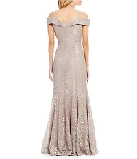 R & M Richards Off-the-Shoulder Cap Sleeve Floral Lace Mermaid Gown
