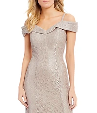 R & M Richards Off-the-Shoulder Cap Sleeve Floral Lace Mermaid Gown