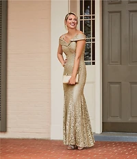 R & M Richards Off-the-Shoulder Cap Sleeve Floral Lace Mermaid Gown
