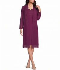 R & M Richards Pebble Georgette Sweetheart Neck Tonal Trim Duster Jacket Dress