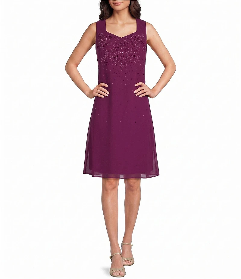 R & M Richards Pebble Georgette Sweetheart Neck Tonal Trim Duster Jacket Dress
