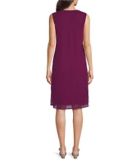 R & M Richards Pebble Georgette Sweetheart Neck Tonal Trim Duster Jacket Dress